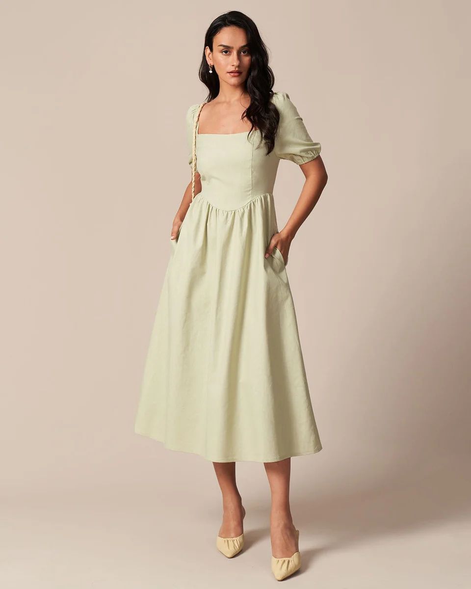The Light Green Square Neck Shirred Midi Dress & Reviews - Light Green - Dresses | RIHOAS | rihoas.com