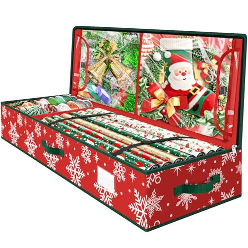 Wrapping Paper Organizer Storage, Christmas Wrapping Paper Storage with Flexible Partition & Pockets for Christmas Decorations, Ribbon, Underbed Gift Wrap Organizer for Holiday(Snowflake/Red) | Amazon (US)