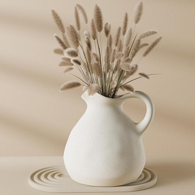White Ceramic Pitcher Vase with Handle, Modern Farmhouse Jug Flower Vase for Home Decor, Centerpi... | Amazon (US)
