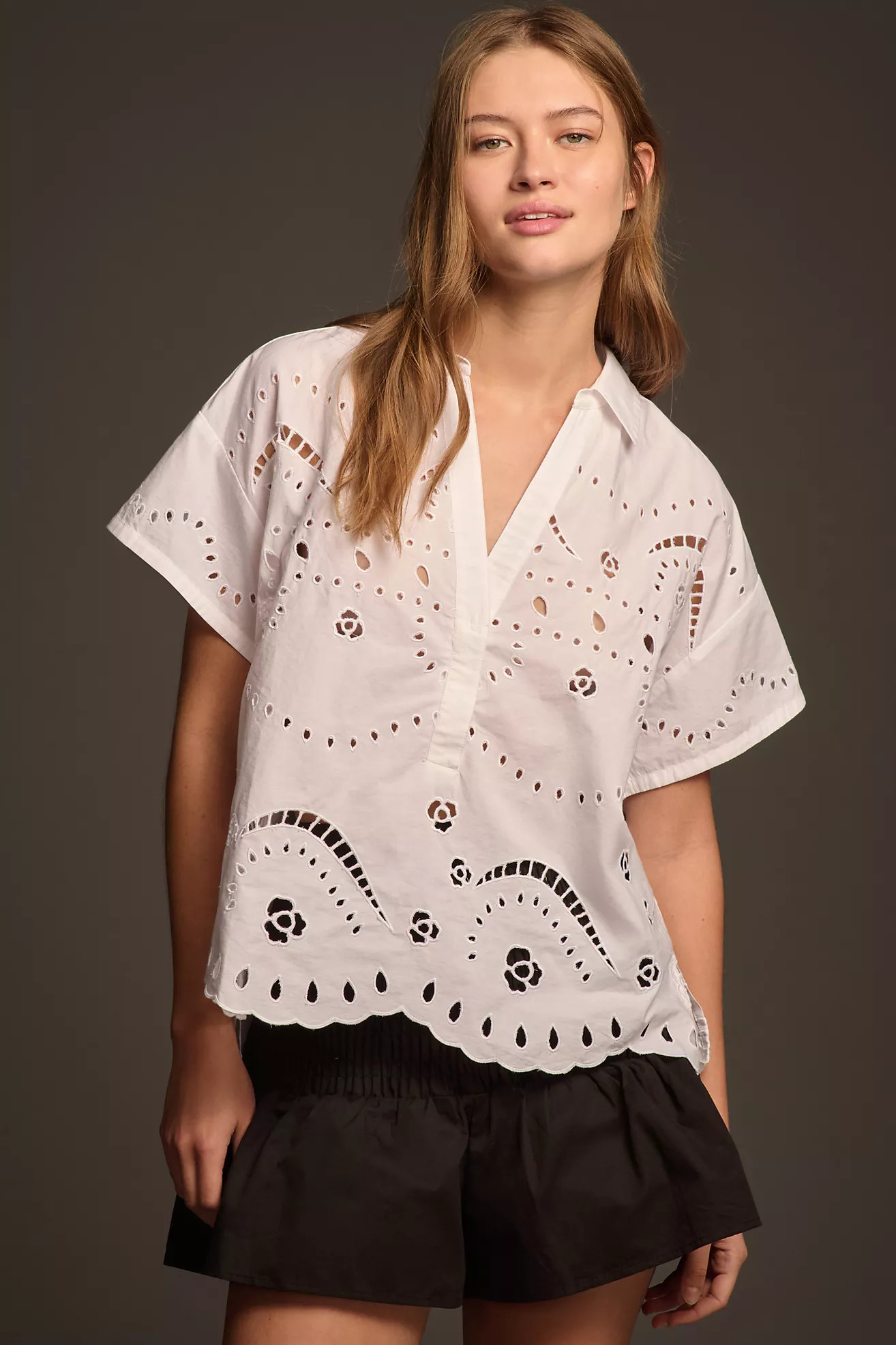 Maeve Short-Sleeve Boxy Eyelet Popover Blouse | Anthropologie (US)