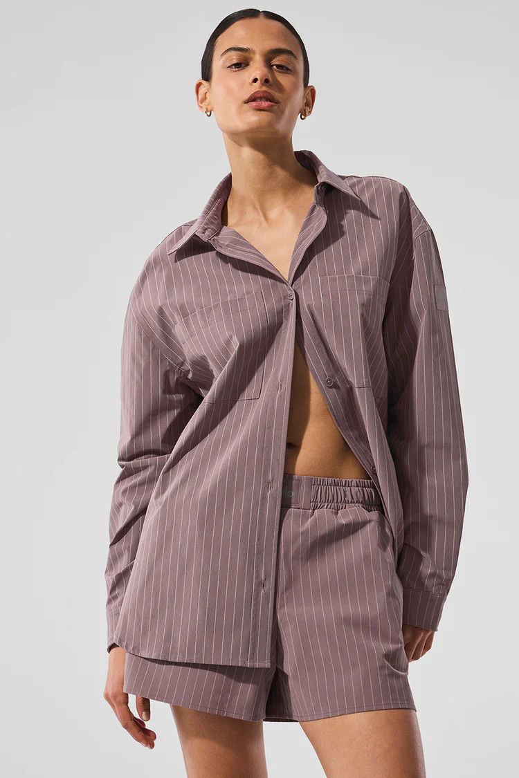 Pinstripe Daylight Button Down Long Sleeve - Mushroom/Ivory | Alo Yoga (US)