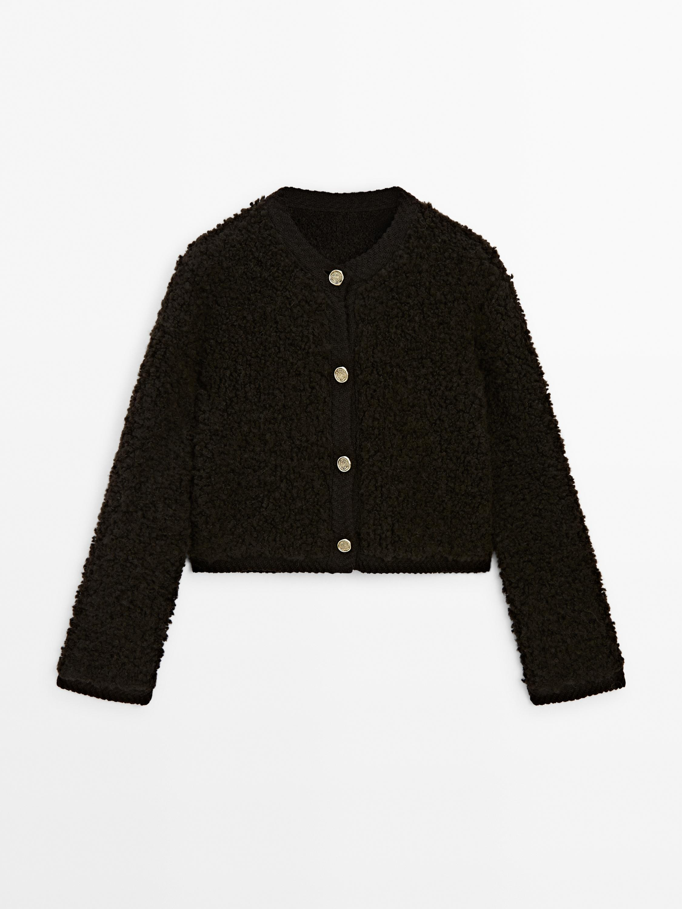 Bouclé cardigan with rhinestone button | Massimo Dutti US