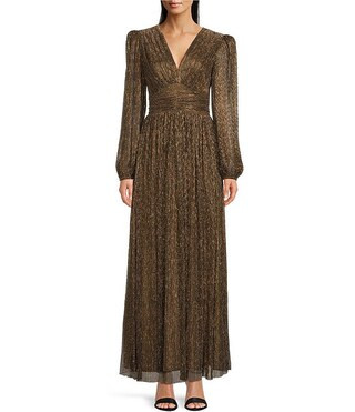 Alex Marie Bella Crinkle Metallic V-Neck Blouson Long Sleeve A-Line Gown | Dillard's | Dillard's