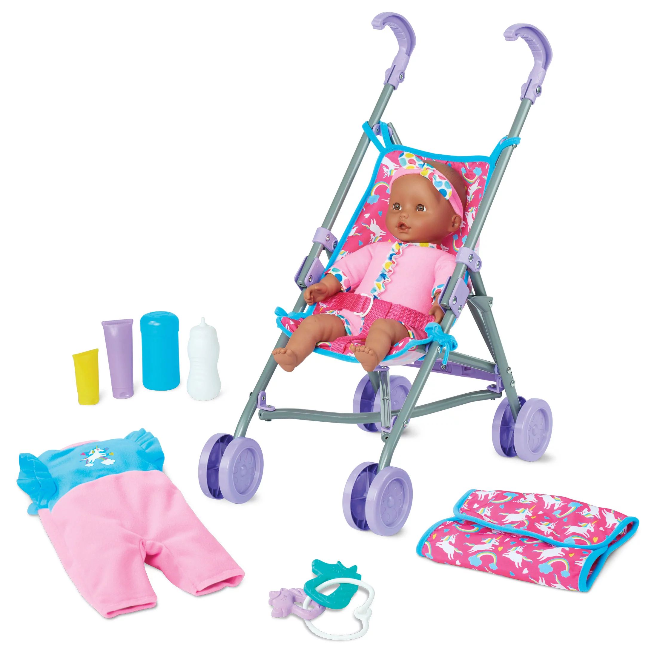 Kid Connection 10-Piece Baby Doll & Stroller Set, Dark Skin Tone - Walmart.com | Walmart (US)