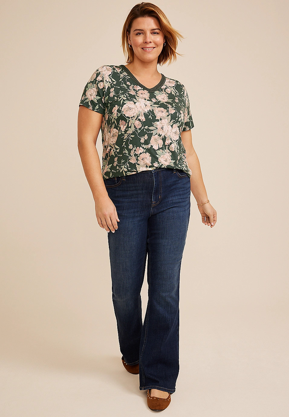 Plus Size Floral Crochet Trim V Neck Tee | Maurices