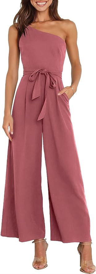 Caracilia Women's Summer Dressy One Shoulder Strap Tie Waist Zipper Back Wide Leg Jumpsuit Romper... | Amazon (US)