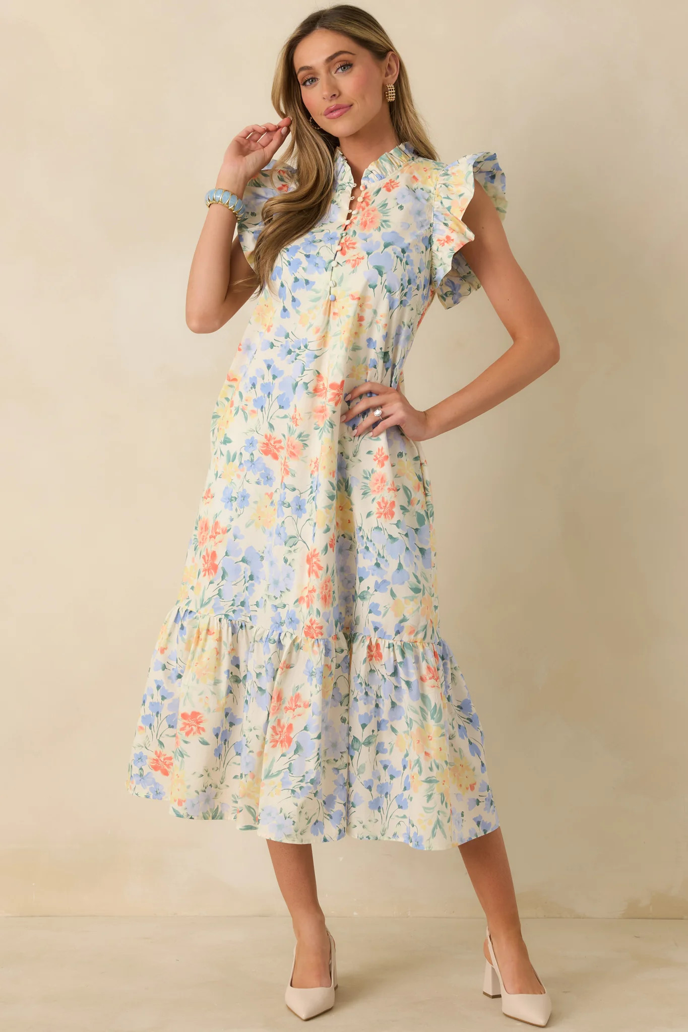 A Lovely Place to Be Ivory Multi Pastel Florals Flutter Sleeve Midi Dress | Red Dress