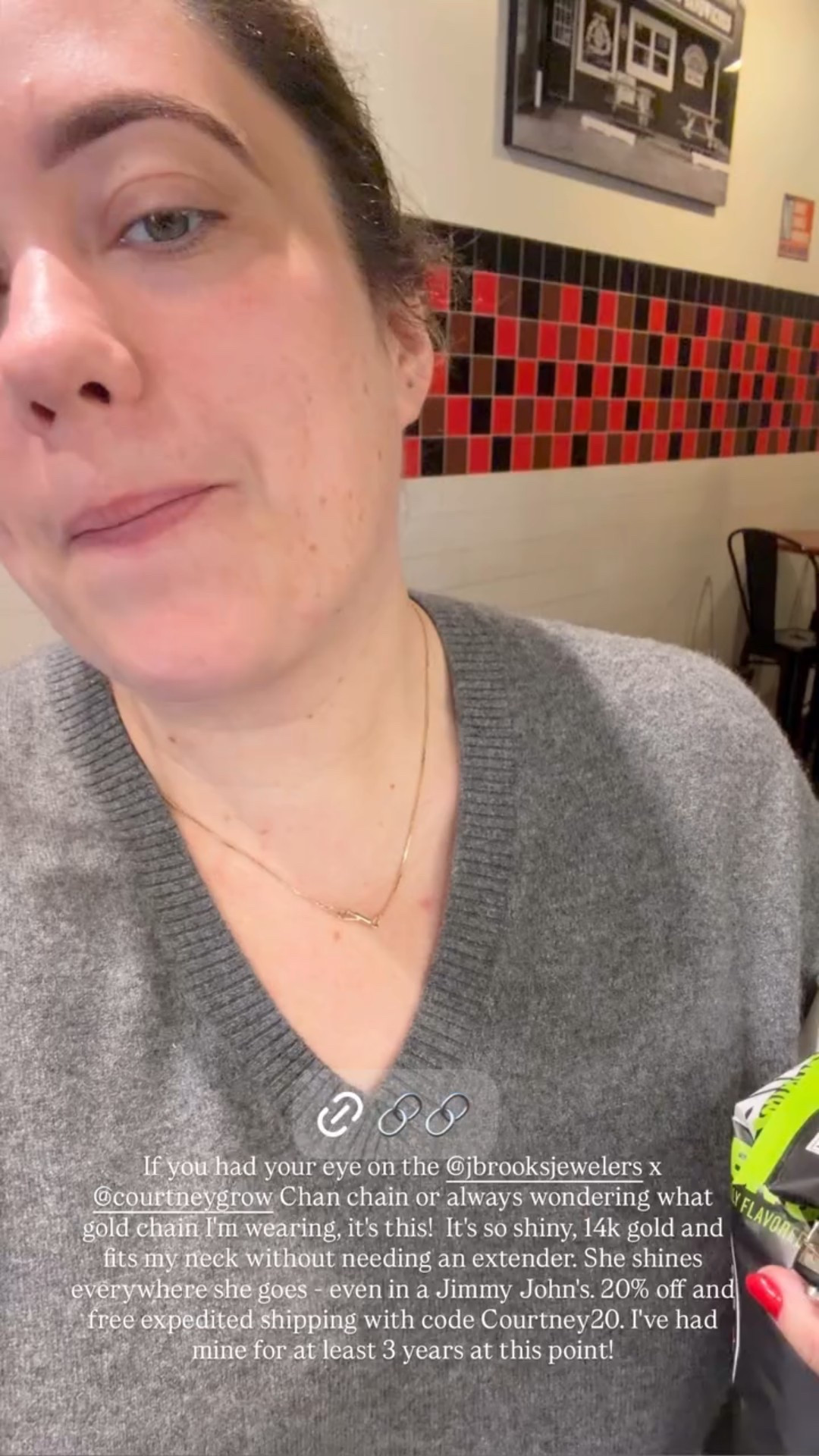 If you had your eye on the @jbrooksjewelers x @courtneygrow Chan chain or always wondering what gold chain I'm wearing, it's this!  It's so shiny, 14k gold and fits my neck without needing an extender. She shines everywhere she goes - even in a Jimmy John's. 20% off and free expedited shipping with code Courtney20. I've had mine for at least 3 years at this point!

#LTKSaleAlert #LTKGiftGuide #LTKWedding