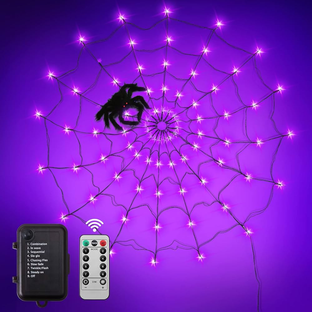Halloween Decorations Light 3.93Ft Spider Web Lights Battery Operated, 80 LED 8 Modes Waterproof ... | Amazon (US)