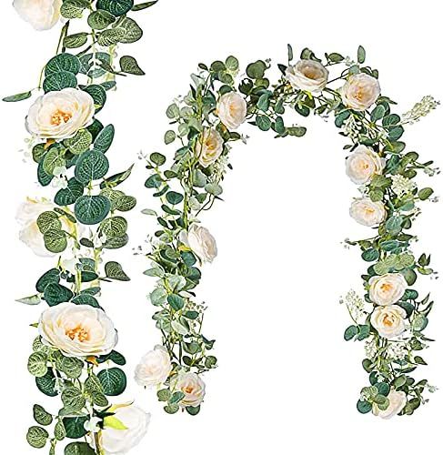 ROMAY 2 Pack 13FT Artificial Eucalyptus Garland with Champagne Roses Flower Vine Eucalyptus Green... | Amazon (US)