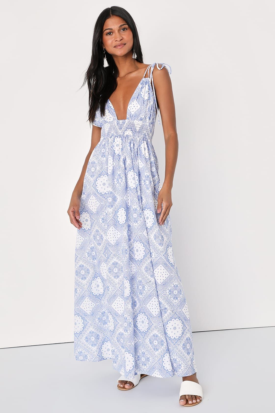 Spanish Sojourn White and Blue Paisley Tie-Strap Maxi Dress | Lulus (US)