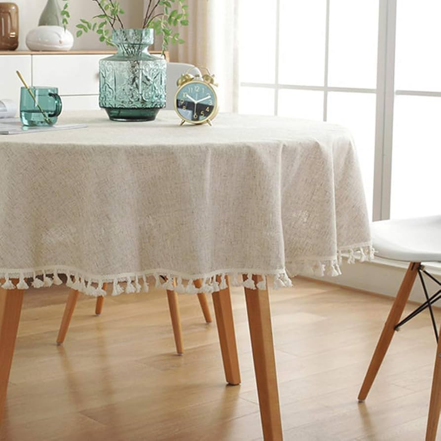 AMZALI Cotton Linen Fabric Tassel Round Tablecloth Dust-Proof Table Cover for Kitchen Dinning Tab... | Amazon (US)