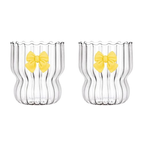 URMAGIC Vintage Ripple Glass Cups, 10 Oz/300 ml, Butterfly Decoration, 2 Pack, Iced Coffee Glasses for Juice, Beer, Beverage, Water, Dessert Drinking, Café Glasses with Bow (Yellow) | Amazon (US)