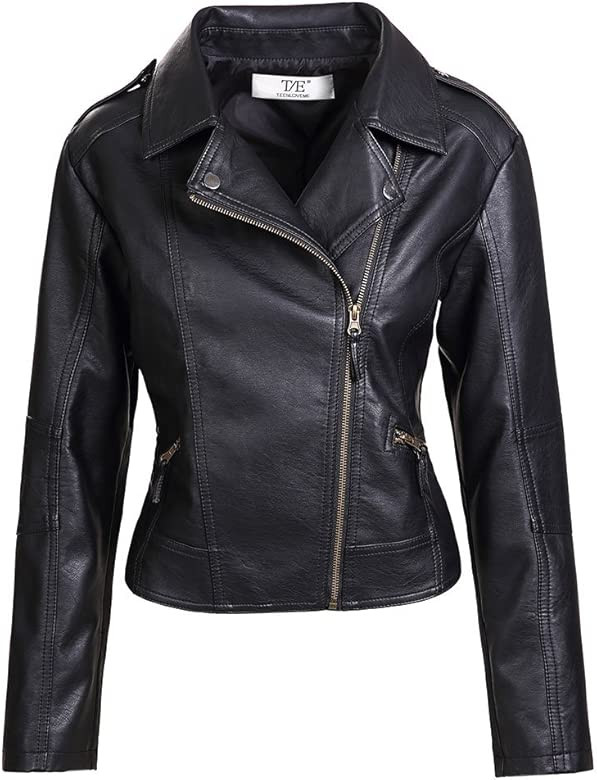 Womens Slim Tailoring Faux Leather PU Short Jacket Coat Moto Biker Jacket | Amazon (US)