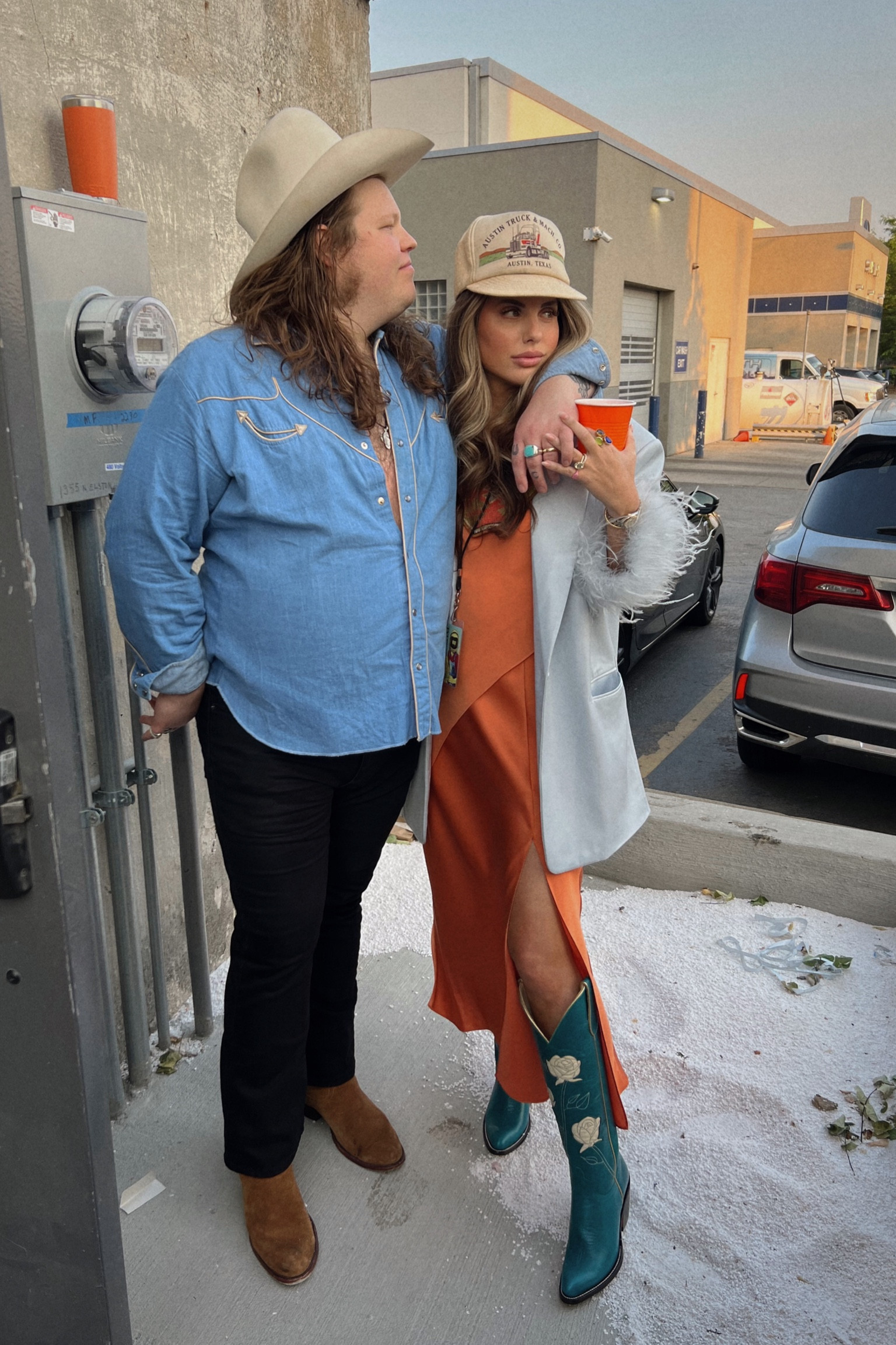 Country concert outfit! Cowboy boots, feather trim leather blazer and a slip dress🧡

#LTKfit #LTKFind #LTKsalealert
