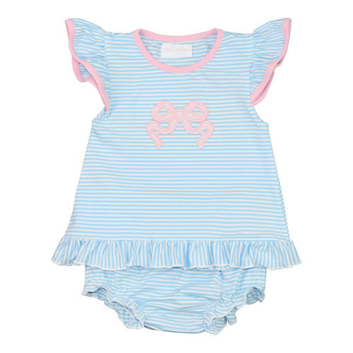 Blue Knit Stripe Applique Bow Diaper Set | Cecil and Lou