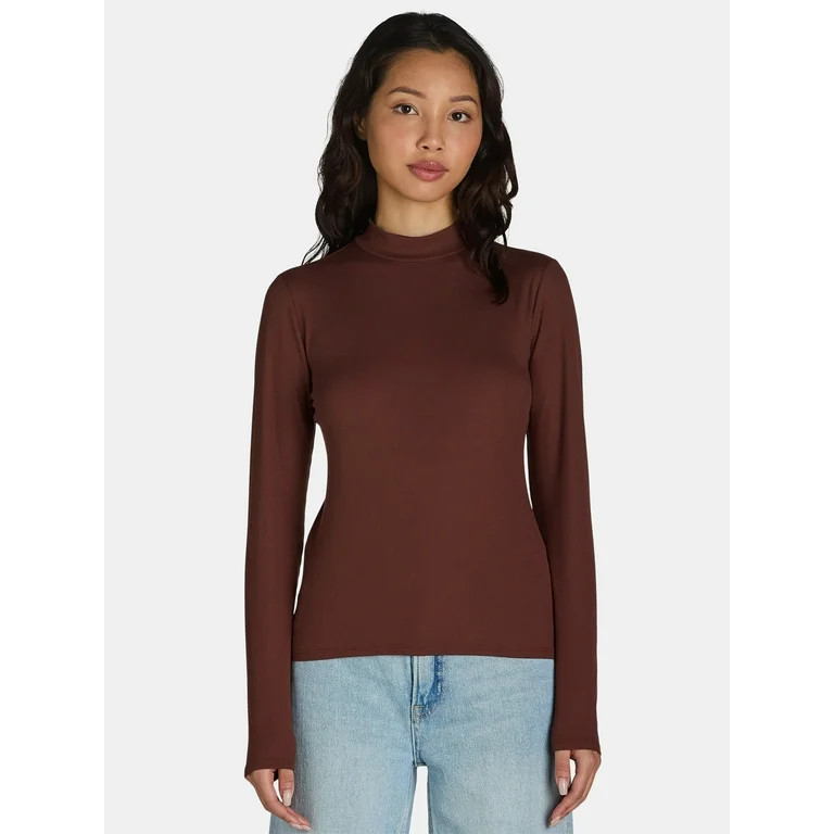 No Boundaries Ribbed Mock Neck Top with Long Sleeves, Women’s and Women’s Plus | Walmart (US)