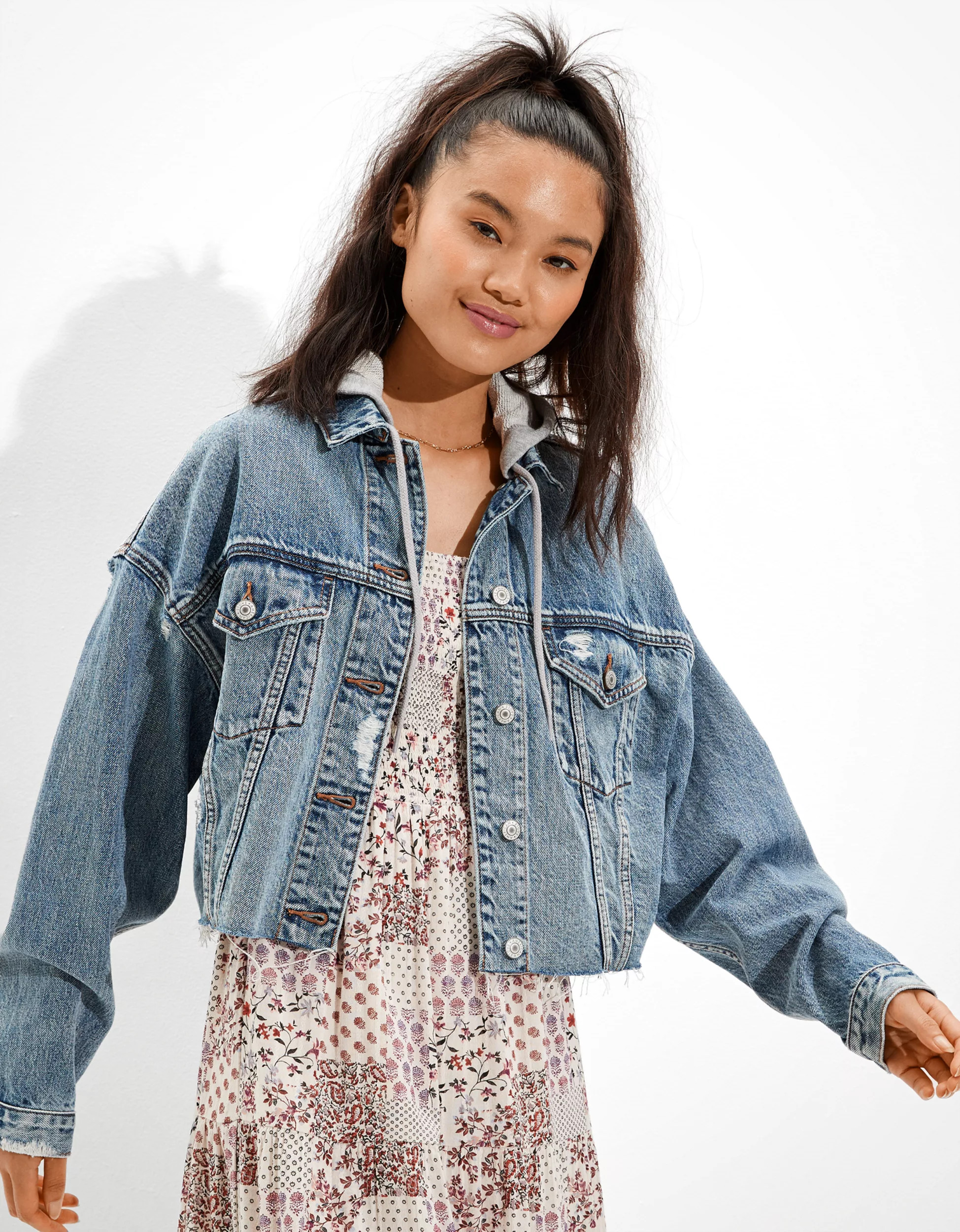 AE Cropped Hooded Denim Jacket | American Eagle Outfitters (US & CA)