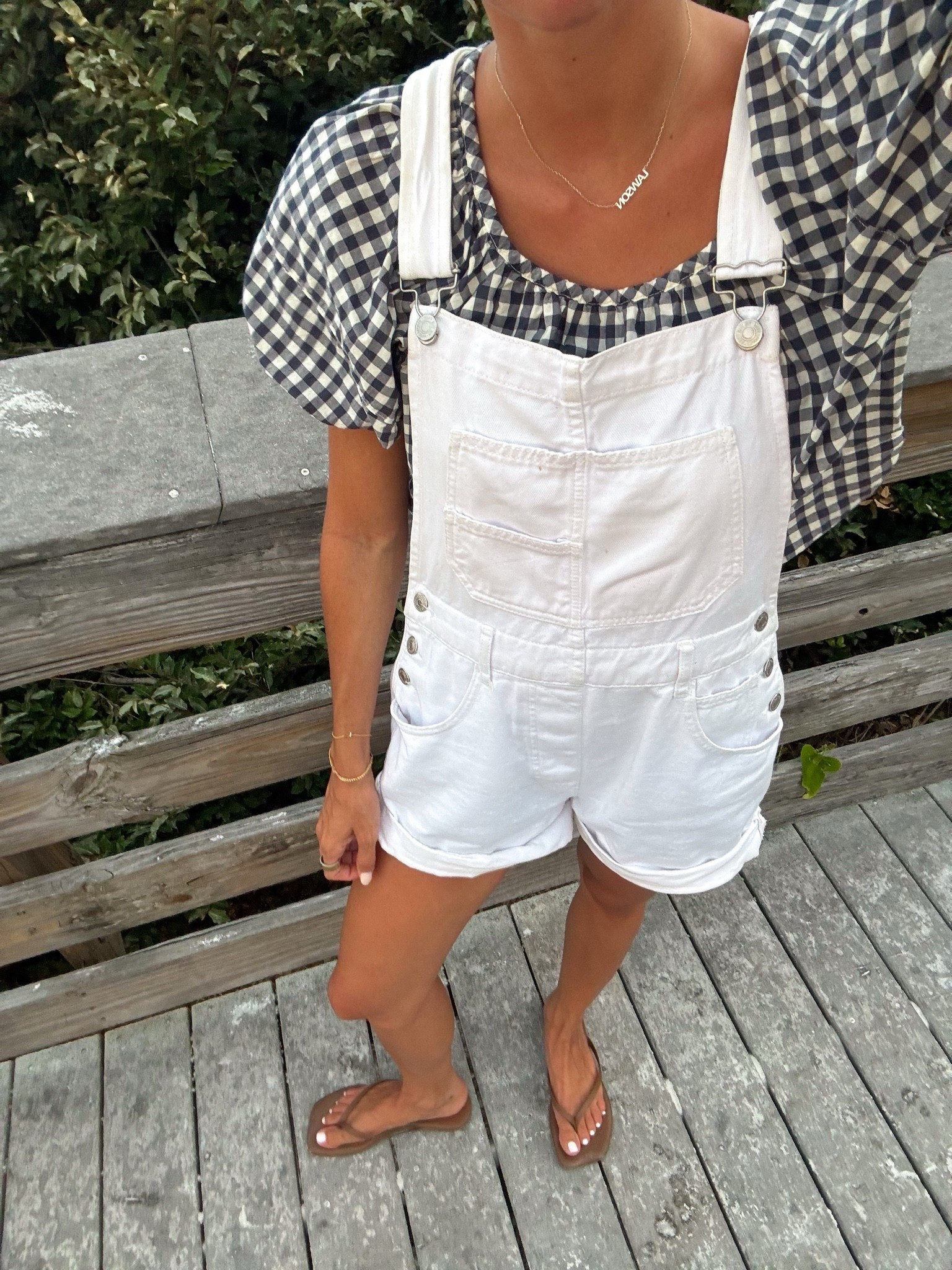 summer overalls outfit🧺 perfect for beach days, summer dinners, running errands, park days with the babies! the cutest navy blue gingham poplin blouse and my favorite every day square toe flip flops that go with everything:)

#LTKootd #LTKmomlife #LTKSeasonal