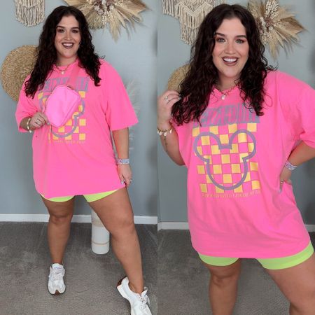 Disney themed amusement park outfit inspo Spring + Summer 🏰🐭🎆 Curvy approved retro Disney outfits. Oversized graphic tees + biker shorts
Graphic T-shirts: 3X 
Neon biker shorts: XL 
Graphic tee color is neon pink.
Mickey ears are a small business on Etsy that are custom. Exact styles sold out, linking similar options from seller. 
#disneyoutfits

#LTKplussize #LTKActive #LTKfamily