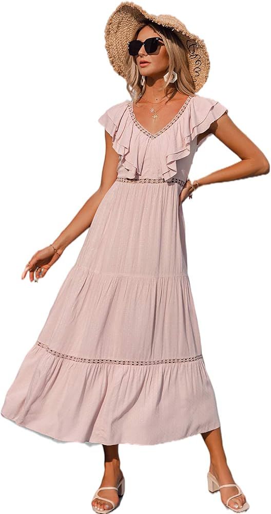 Lenmotte Women's Ruffle V Neck Maxi Dress Cute Backless A Line Long Dress | Amazon (US)