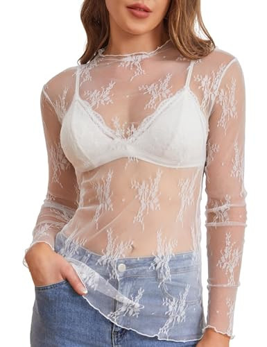 Mesh Long Sleeve Tops for Women, Lace Top, Sexy Mock Neck Sheer Blouse, White Mesh Top, Romantic See Through Tops, Floral Lace Shirt for Layering, Parties, Dates and Concert Outfits, White L | Amazon (US)