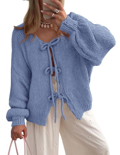 PRETTYGARDEN Women's Tie Front Bow Cardigan Sweaters Chunky Knit Long Puff Sleeve Trendy Fall Winter Jacket Coats (Mist Blue,Large) | Amazon (US)