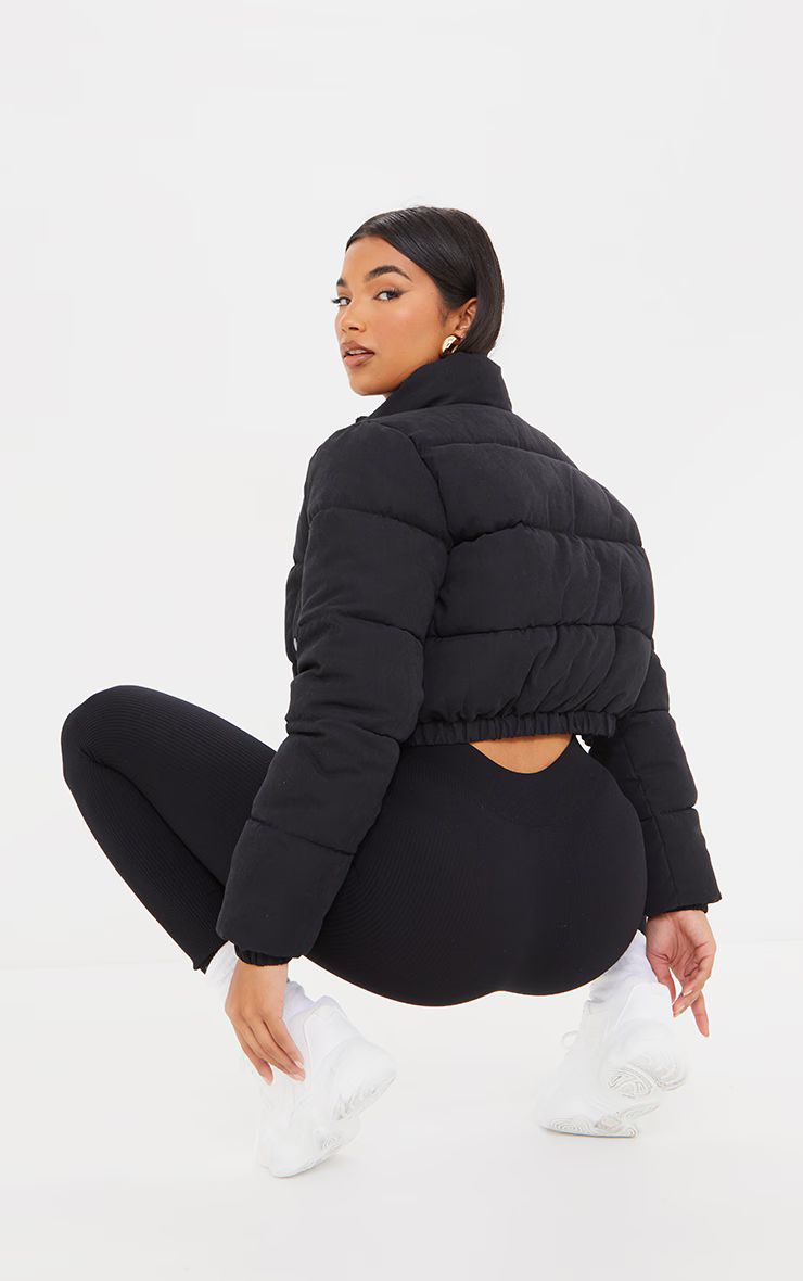 Black Peach Skin Cropped Bubble Puffer Jacket | PrettyLittleThing UK