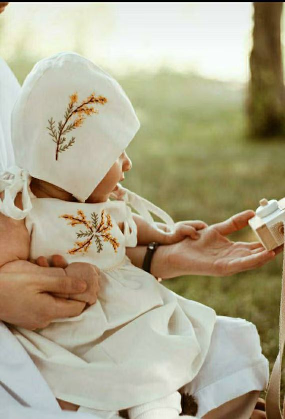 Baby dress with Bonnet Hand Embroidered Flower linen Toddler clothing white clothes for birthday ... | Etsy (US)