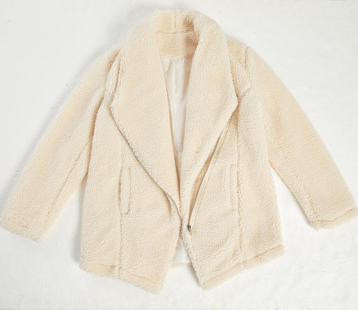 FSHAOES Women's Fuzzy Fleece Jackets Oversized Open Front Coat Long Sleeve Lapel Zipper Outwear Fall | Amazon (US)