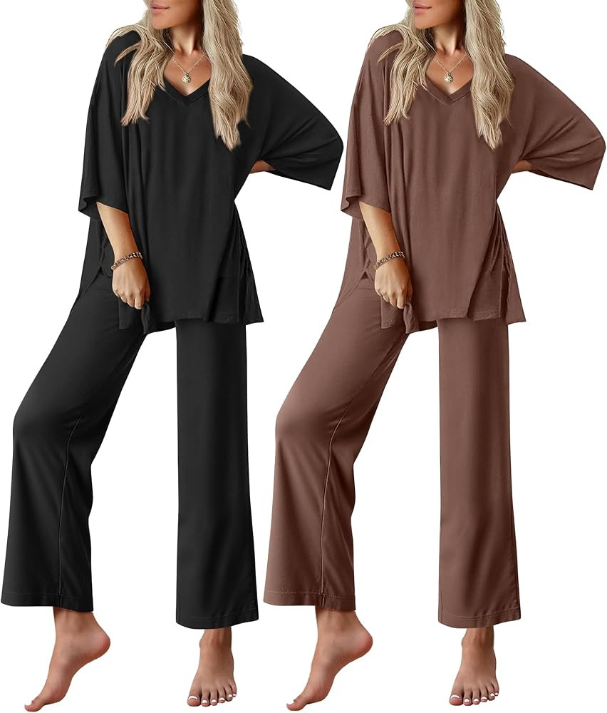 Ekouaer 2 Packs Lounge Set for Women Short Sleeve Pajamas Top and Long Pant | Amazon (US)
