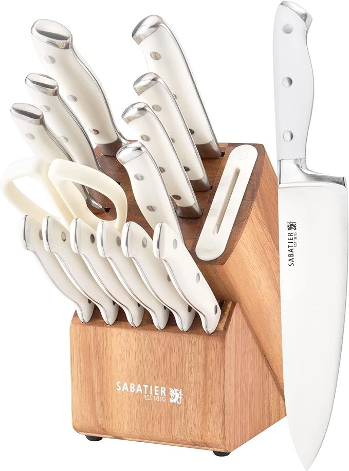 Sabatier Acacia Forged Triple Rivet Edgekeeper Knife Block Set, 15-Piece, White | Amazon (US)