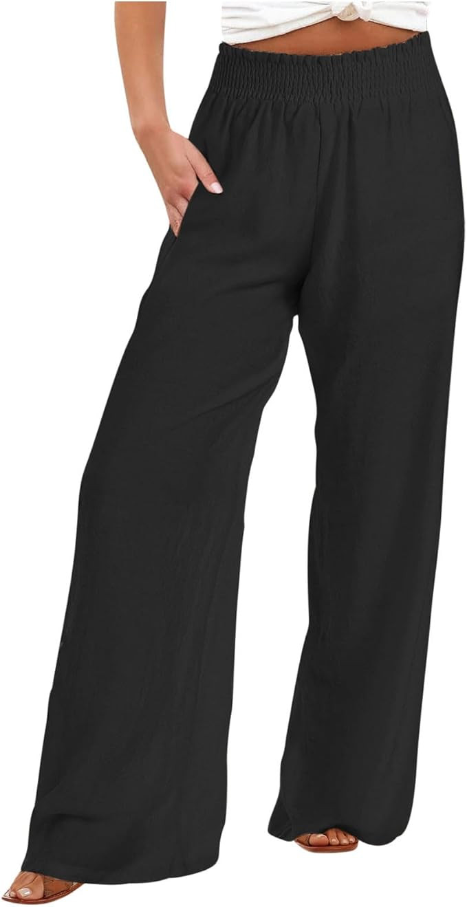 LRMQS Linen Wide Leg Pants Women Summer Casual Drawstring Elastic High Waist Trousers Resort Wear... | Amazon (US)