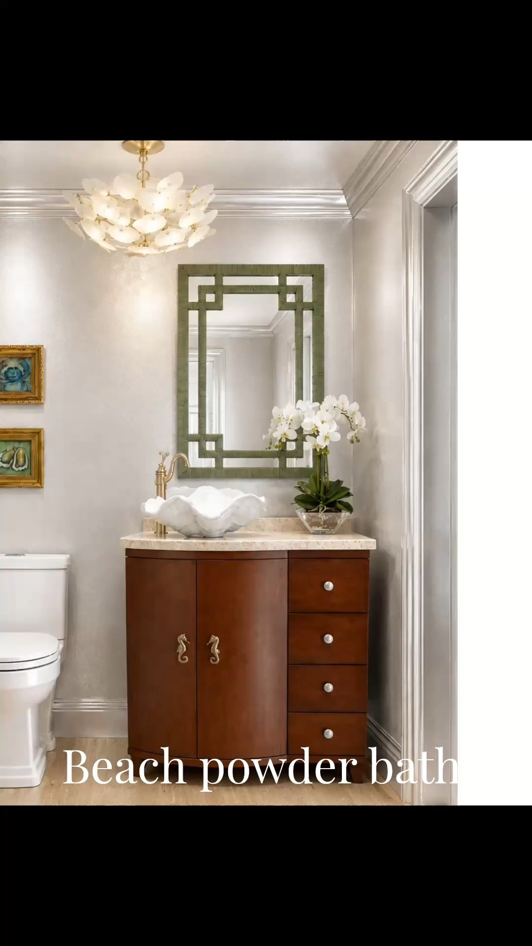 Rendering of a powder bath at the beach that has an existing vanity and silver walls, playin off of that with some greens and golds for a fresher look!

#LTKdayinmylife #LTKHome #LTKSaleAlert