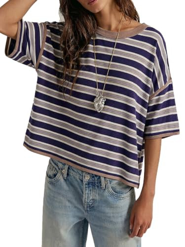 Womens Oversized Striped Tshirt Boxy Fit 90s Retro Casual Ringer Tee | Amazon (US)