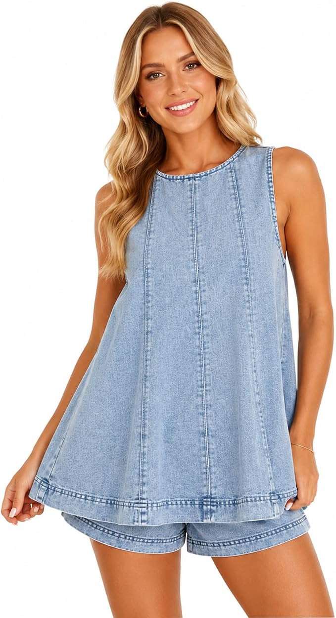 Womens Denim Two Piece Outfit Set Sleeveless Flared Tank Top High Waisted Shorts Casual Summer Se... | Amazon (US)