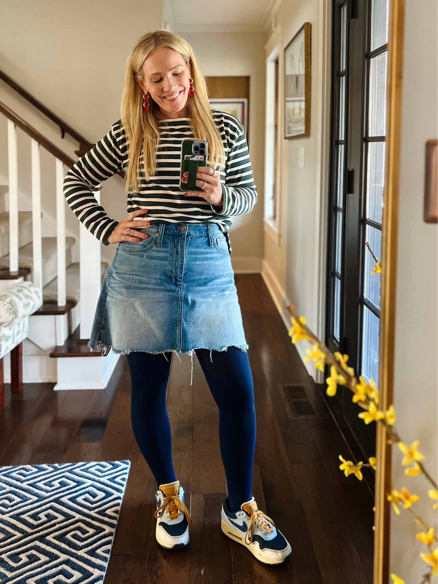 Everyday outfit - denim sneakers, navy Amazon tights, mini skirt, Boden stripe top, red and gold beaded earrings 
❤️ CLAIRE LATELY 

weekend casual style work from home 

#LTKstyletip #LTKfindsunder100 #LTKfindsunder50