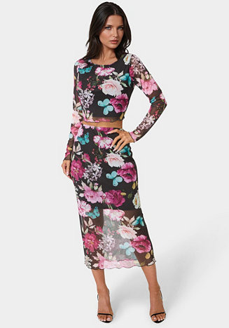 Bebe Women's Mesh Printed Two Piece Long Sleeve Set - Macy's | Macy's