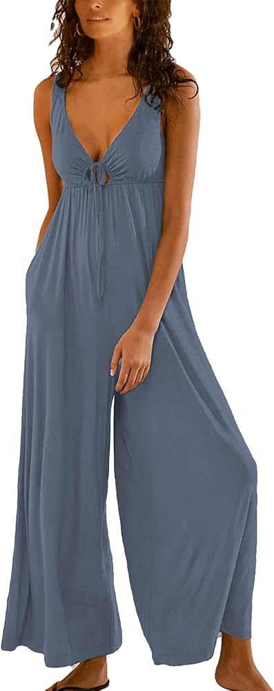 Women's Casual Loose Jumpsuits One Piece Sleeveless Wide Leg Long Pant Rompers With Pockets | Amazon (US)