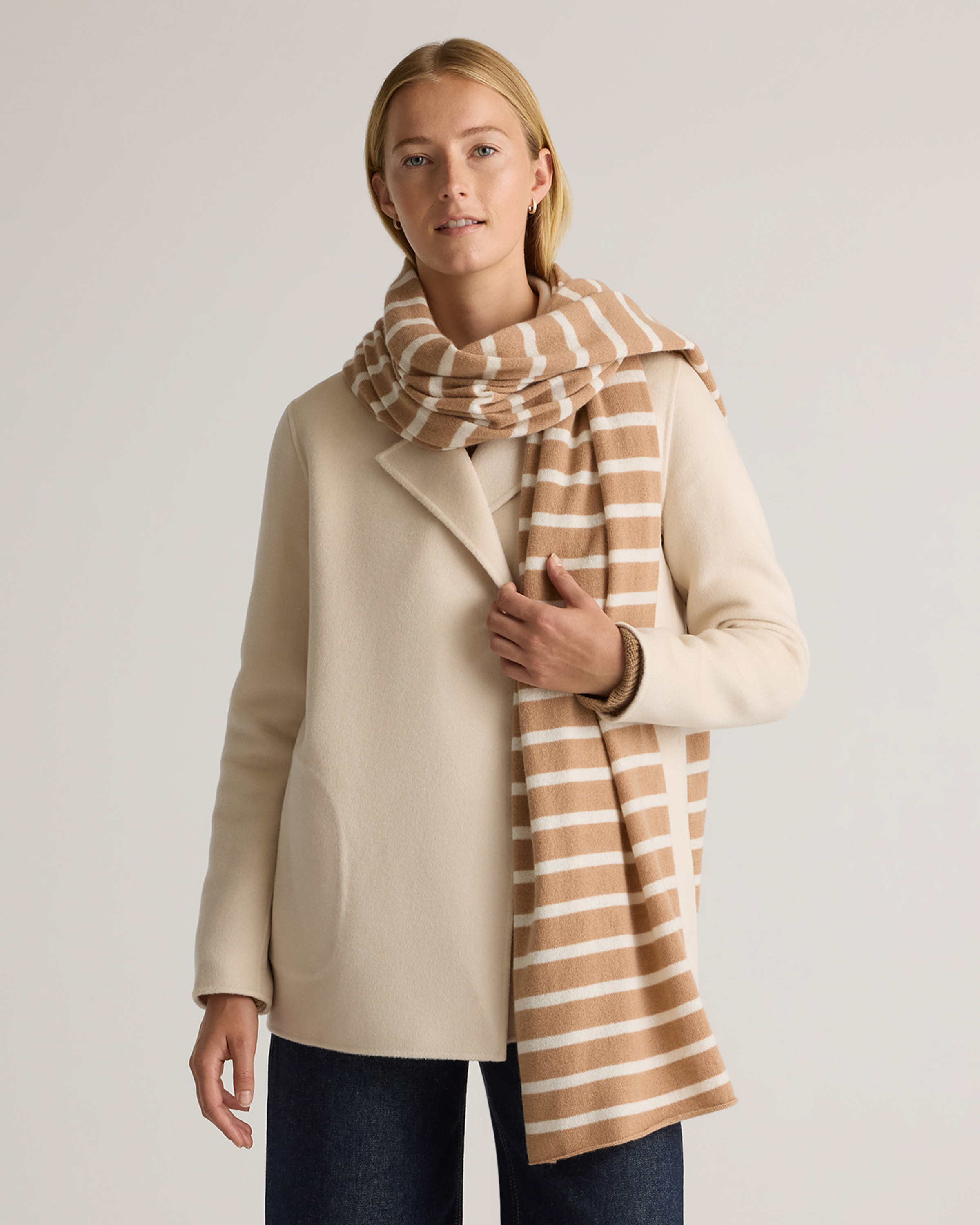 Quince | Women's Mongolian Cashmere Wrap in Camel/Ivory Stripe | Quince