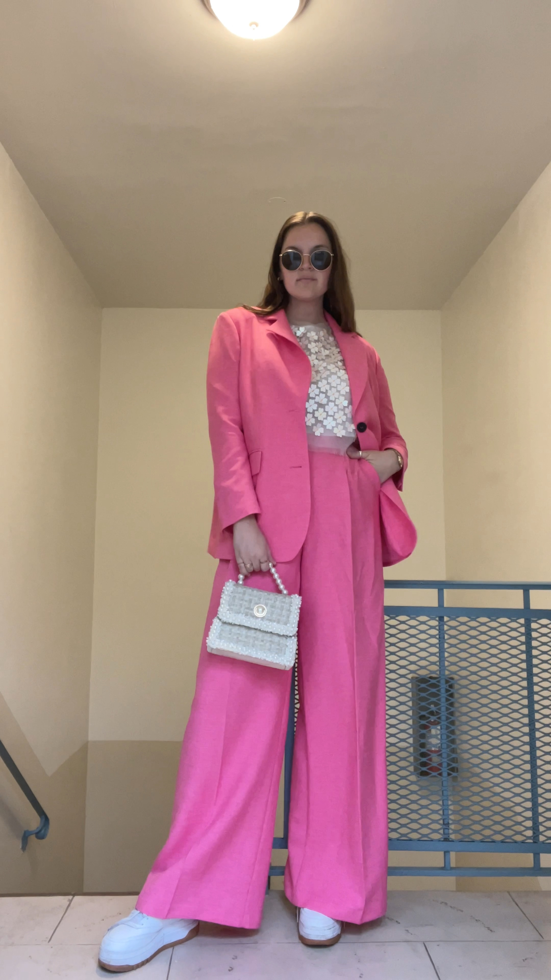 nasty gal Single Breasted Tailored Two Piece Set Blazer, pink suit, monochrome, High Waisted Wide Leg Tailored Pants, Aje Gazelle Organza Shell Top, matching set, budget friendly, affordable, on sale, colorful clothing, amazon, Reebok Club C Extra Sneakers, free people, comfy shoes, white tweed bag, office outfit, wear to work, spring / summer, rayban round sunglasses, gold jewelry from Amazon (hoop earrings, rings)

#LTKunder50 #LTKsalealert #LTKunder100