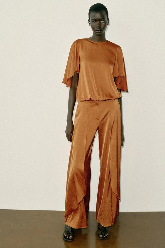 Zara - Wide-Leg Ruffled Flowy Trousers - Burnt Orange - Xl - Woman | Zara US