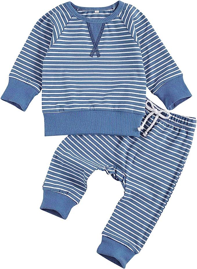 Fall Winter Baby Boy Striped Clothes Set, Sweatshirt Tops+Drawstring Long Pants | Amazon (US)