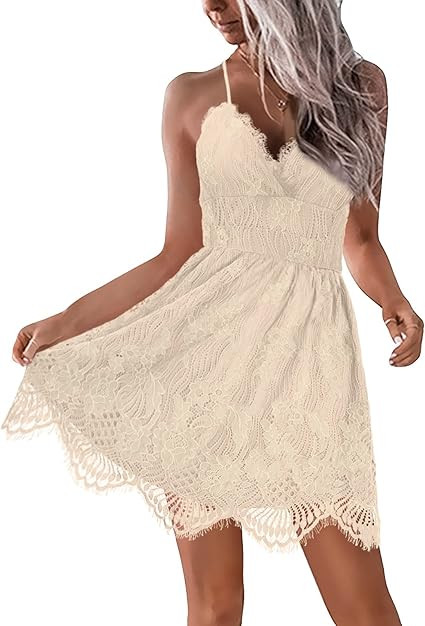 AOOKSMERY Women Summer V-Neck Spaghetti Straps Lace Backless Party Club Beach Mini Midi Dresses | Amazon (US)