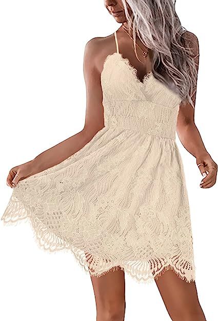 AOOKSMERY Women Summer V-Neck Spaghetti Straps Lace Backless Party Club Beach Mini Midi Dresses | Amazon (US)