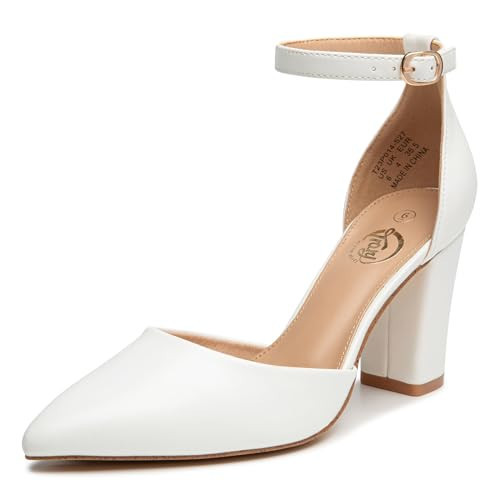 Trary White Wedding Heels - Dress Shoes With Closed Toe and Block Heel for Bride, Wedding Heels | Amazon (US)