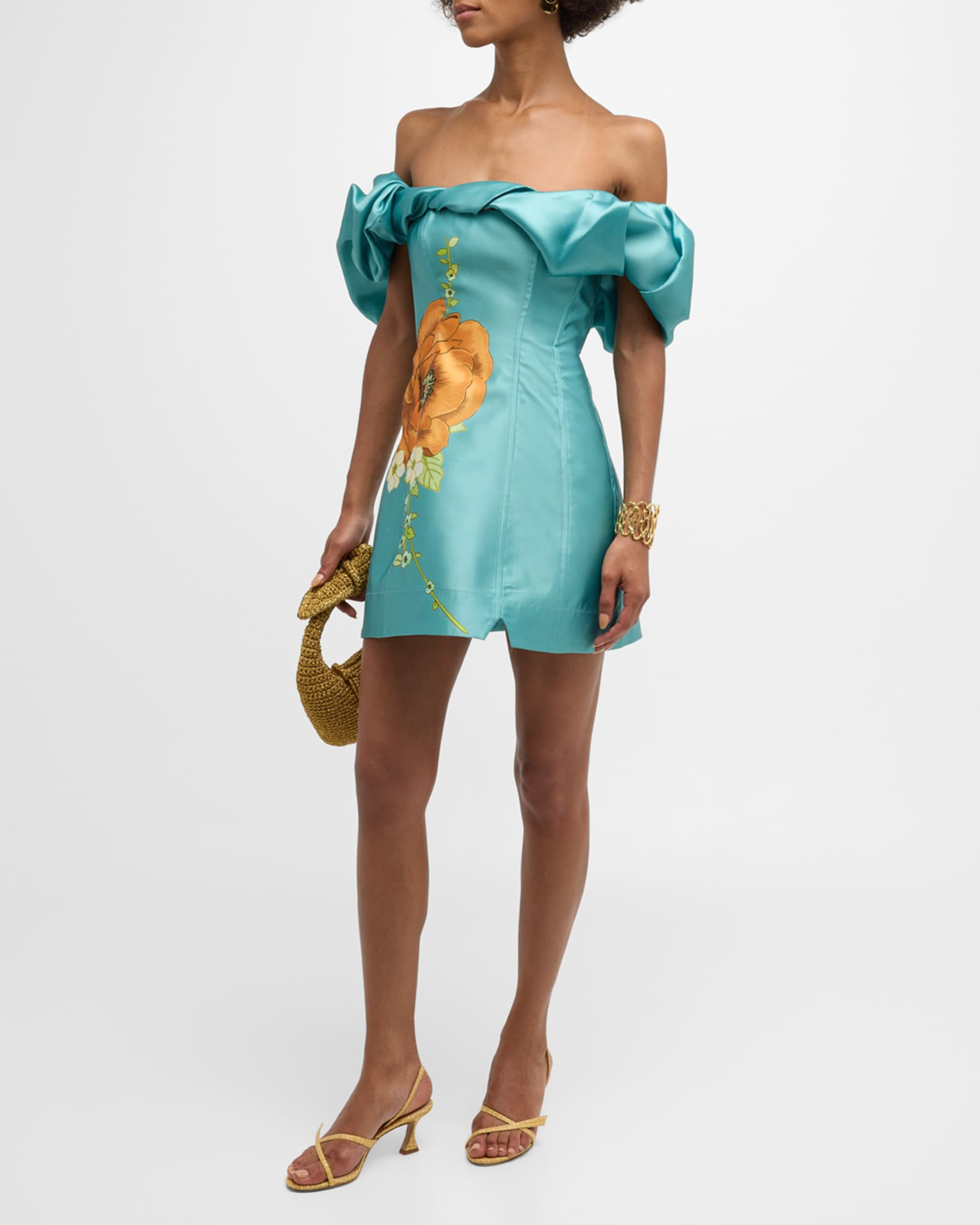 ALEMAIS Regent Jade  Off-Shoulder Frill Floral Mini Dress | Neiman Marcus