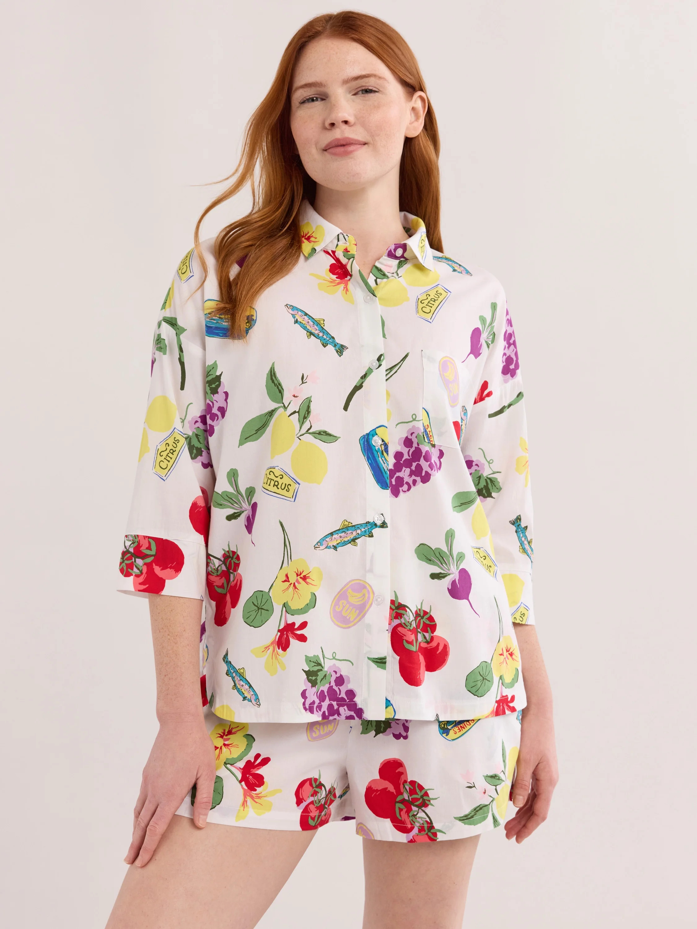 Joyspun Women’s Woven ¾ Sleeve Notch Collar Top and Boxer Shorts Pajama Set, Sizes XS-3X | Walmart (US)