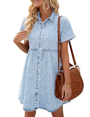 LookbookStore Denim Dress for Women 2025 Summer Jean Dress Short Sleeve Denim Shirt Dresses for Casual Roadknight Blue Size XL Size 16 18 | Amazon (US)