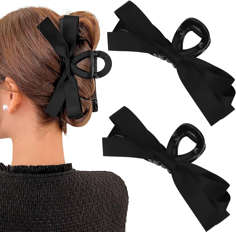 2PCS Bow Hair Claw Black Bow Claw Clip for Women, Bow Hair Claw Clip for Thick & Thin Hair Large ... | Amazon (US)